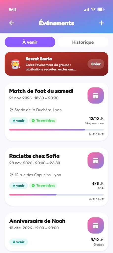 BillFighters screen — a group's event list showing dates, places and prices