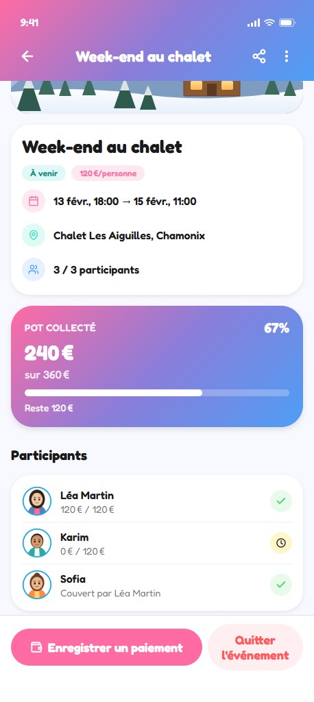 BillFighters screen — an event page with its shared pot and who has paid
